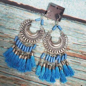 Blue Boho Silver & Tassel Drop Earrings